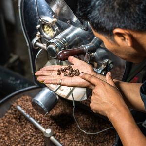 a man holding roasted coffee beans over an industrial roaster